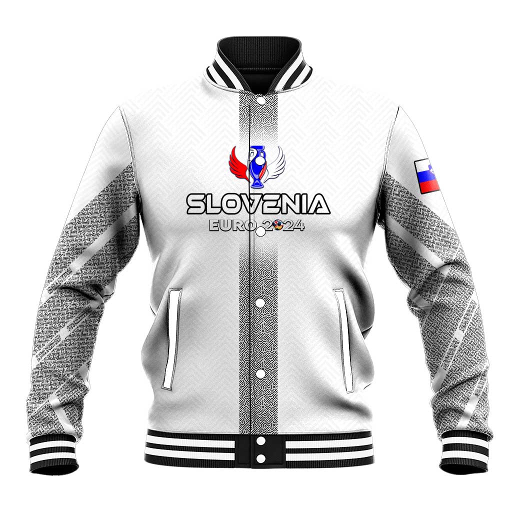 White varsity baseball jacket with ribbed collar, SLOVENIA EURO 2024 print and flag sleeves