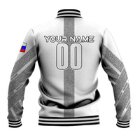 White baseball jacket with striped rib trim, back print YOUR NAME 00, flag sleeve