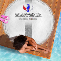 Circular white beach blanket with fringe, SLOVENIA EURO 2024 logo, laid flat