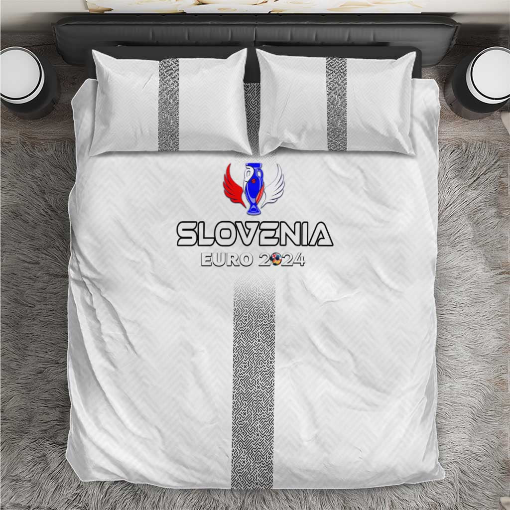 White bedding set with grey center stripe, Slovenia EURO 2024 logo, matching pillowcases
