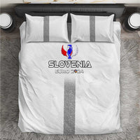 White bedding set with grey center stripe, Slovenia EURO 2024 logo, matching pillowcases