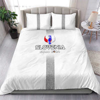 White duvet and pillow set with grey vertical stripe and Slovenia EURO 2024 crest