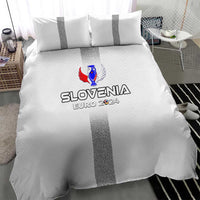 White duvet set with grey center stripe and Slovenia EURO 2024 text and emblem