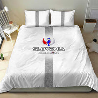 White bedding set with grey vertical stripe and Slovenia EURO 2024 logo on duvet