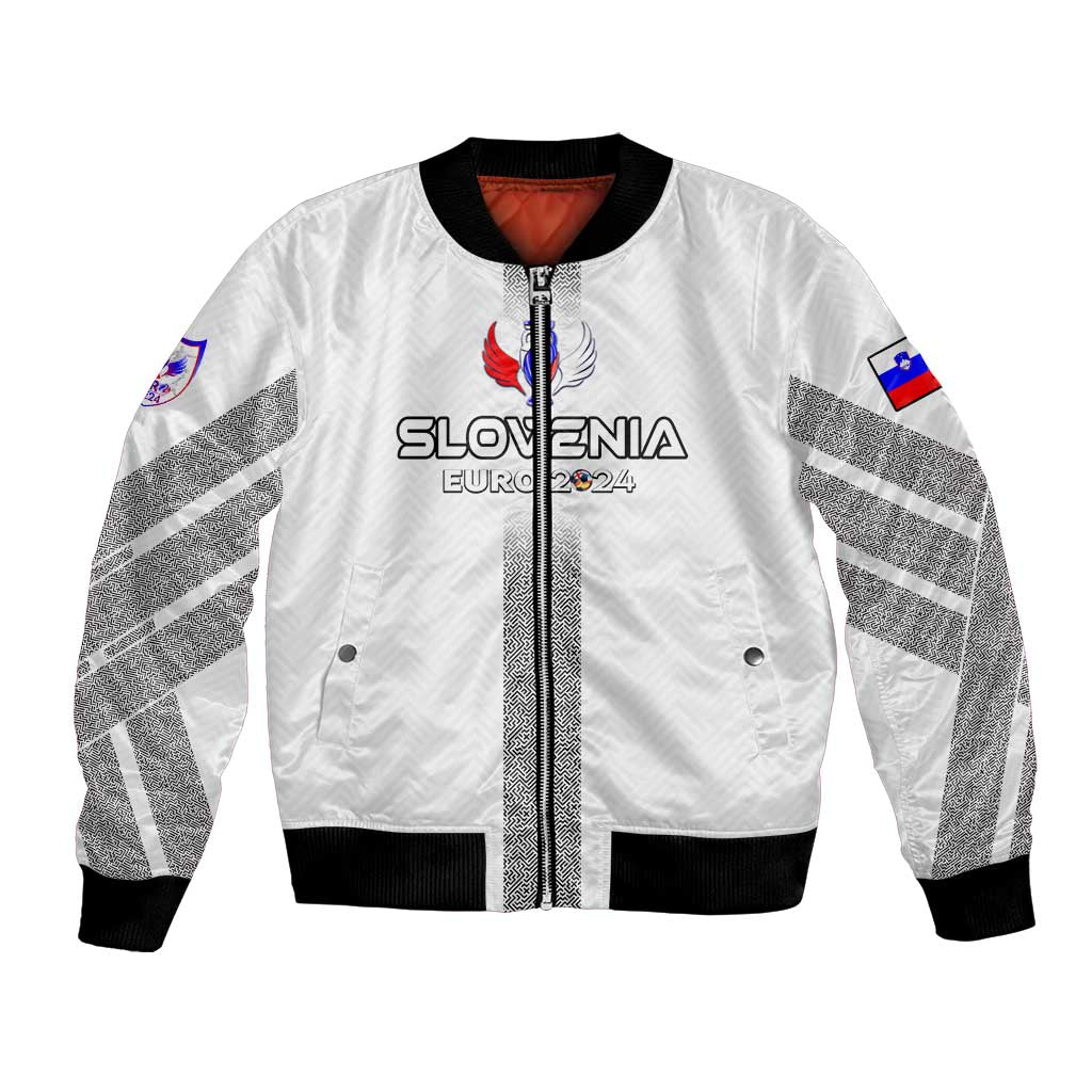 Unisex white football bomber jacket with Slovenia crest, wing graphic and flag sleeve patches