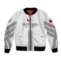 Unisex white football bomber jacket with Slovenia crest, wing graphic and flag sleeve patches