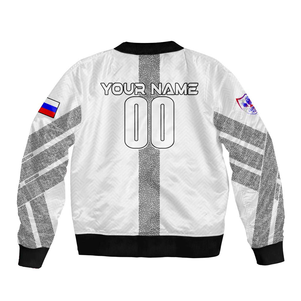 Unisex white football bomber jacket with back 'YOUR NAME' and number, flag sleeve patches