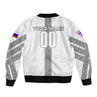 Unisex white football bomber jacket with back 'YOUR NAME' and number, flag sleeve patches
