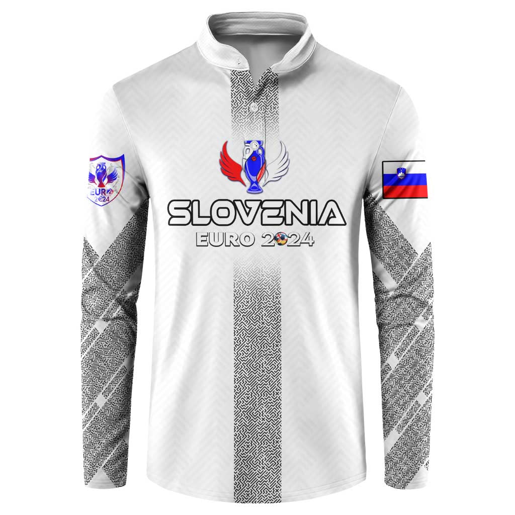 White long-sleeve button sweatshirt with Slovenia Euro 2024 chest logo and crest