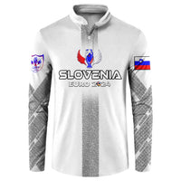 White long-sleeve button sweatshirt with Slovenia Euro 2024 chest logo and crest