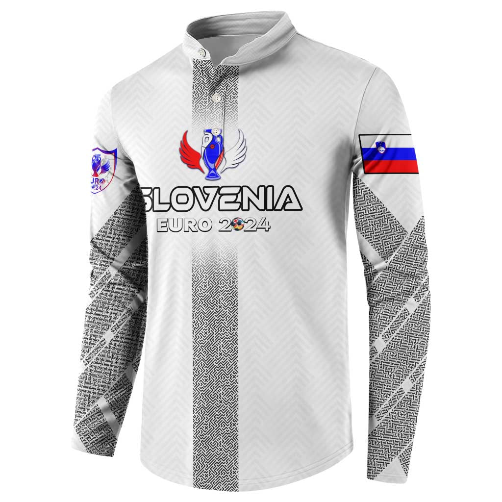 White long-sleeve button sweatshirt with Slovenia Euro 2024 text, crest, and patterned sleeves