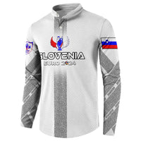 White long-sleeve button sweatshirt with Slovenia Euro 2024 text, crest, and patterned sleeves