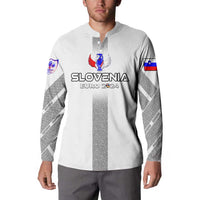 White button sweatshirt with Slovenia Euro 2024 front print and gray patterned sleeve panels
