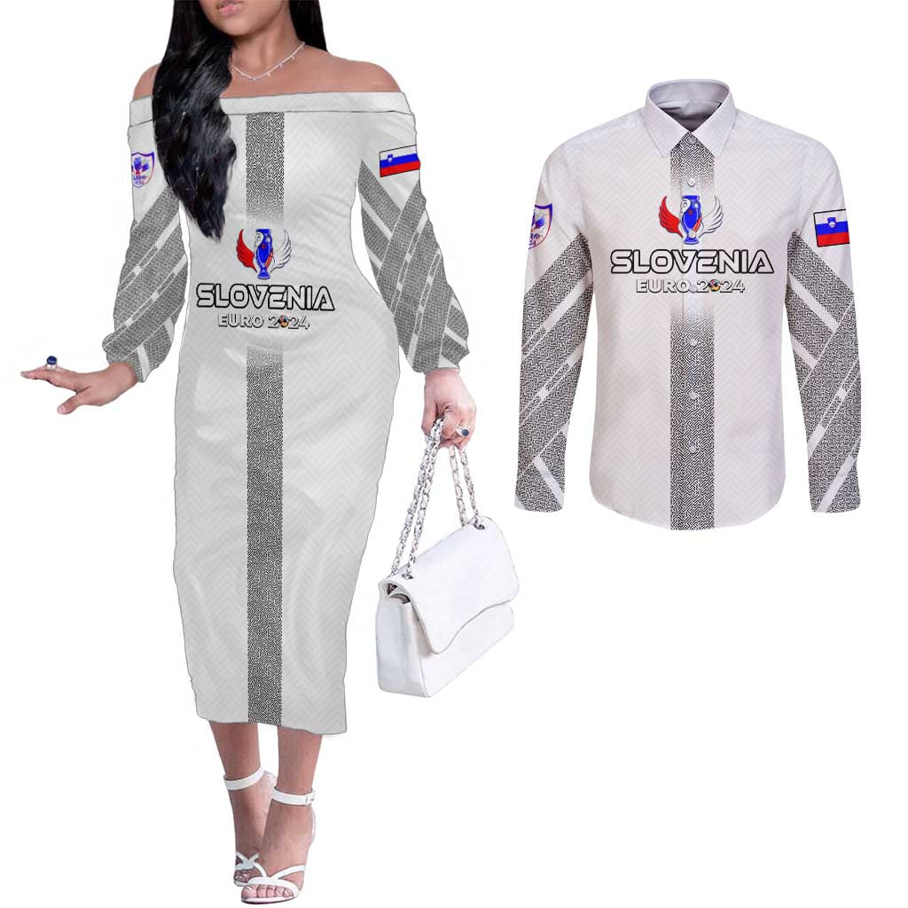 Personalized Slovenia Football 2024 Couples Matching Off The Shoulder Long Sleeve Dress and Long Sleeve Button Shirt Trophy Wing Style