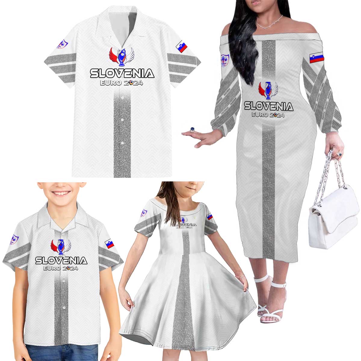 Personalized Slovenia Football 2024 Family Matching Off The Shoulder Long Sleeve Dress and Hawaiian Shirt Trophy Wing Style - Wonder Print Shop