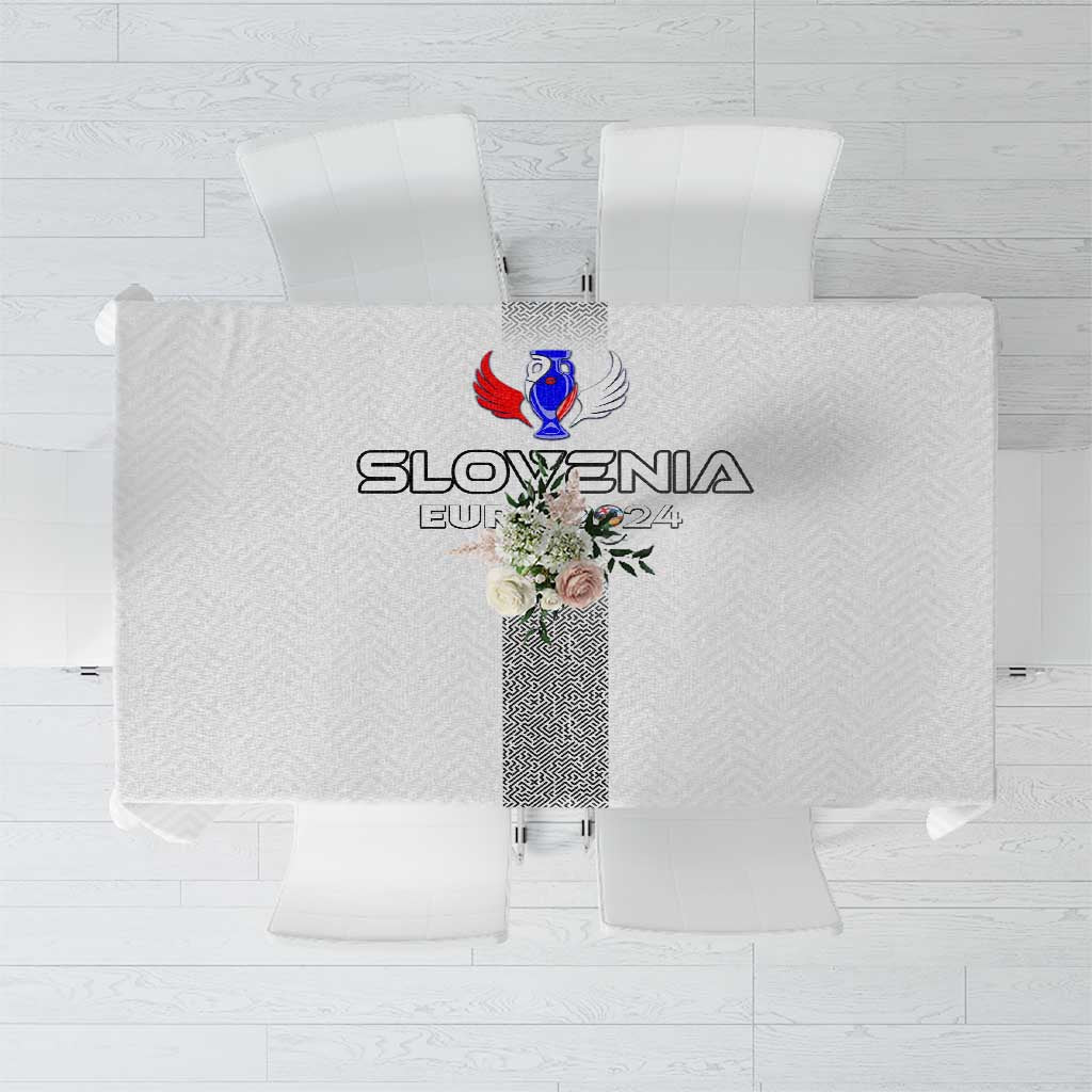 White rectangular tablecloth with Slovenia football 2024 trophy-wing crest center