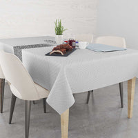 White tablecloth with patterned center stripe and Slovenia football crest