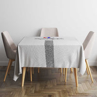 White rectangular tablecloth with centered patterned stripe and Slovenia football 2024 emblem