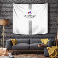 White Slovenia Euro 2024 football tapestry wall hanging with crest logo and stripe