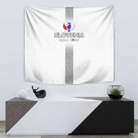White Slovenia Euro 2024 football tapestry above TV cabinet with centered crest stripe