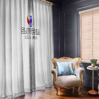 White window curtains with Slovenia Euro 2024 print and gray patterned center panels