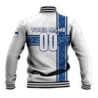 White baseball jacket with blue stripe back graphic, YOUR NAME and 00