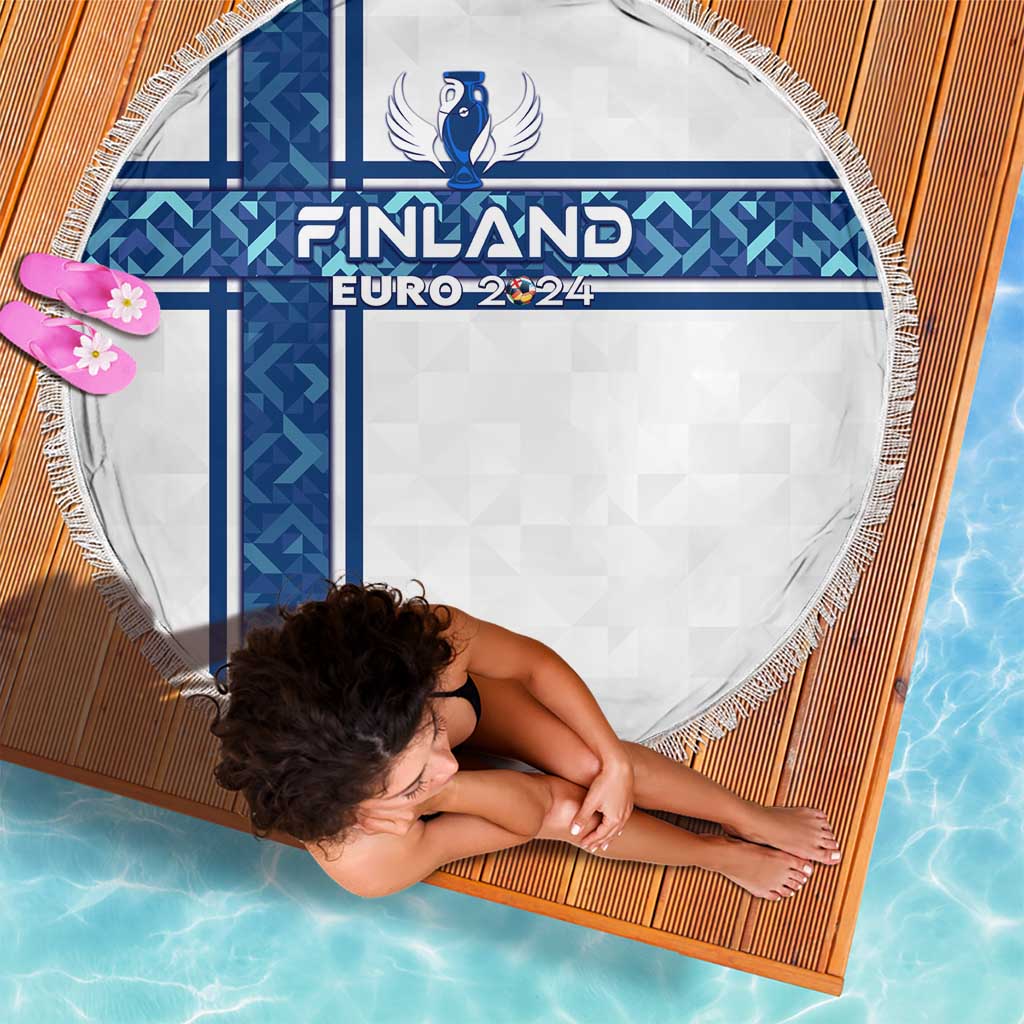 Round white beach blanket with fringed edge, Finland Euro 2024 front graphic