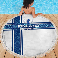 Round white towel blanket with fringed border, Finland Euro 2024 logo centerpiece