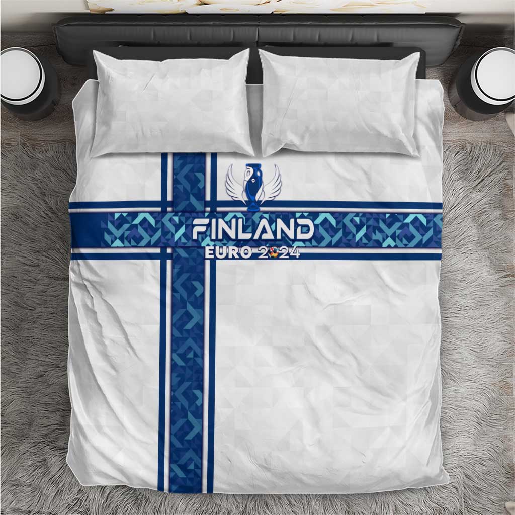White bedding set with two pillows and blue Finland EURO 2024 cross stripe design