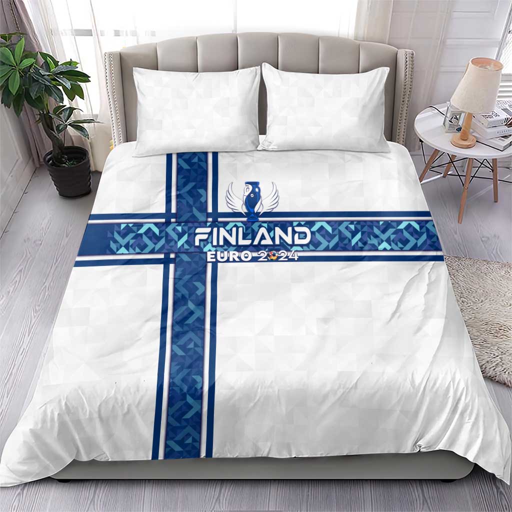 White duvet cover with blue cross stripes and Finland EURO 2024 emblem, set with two pillows