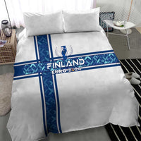 White duvet cover with blue Finland EURO 2024 graphic cross design and two pillows
