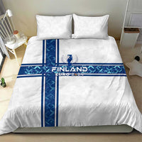 White duvet cover with blue cross stripes and Finland EURO 2024 graphic, with two pillows