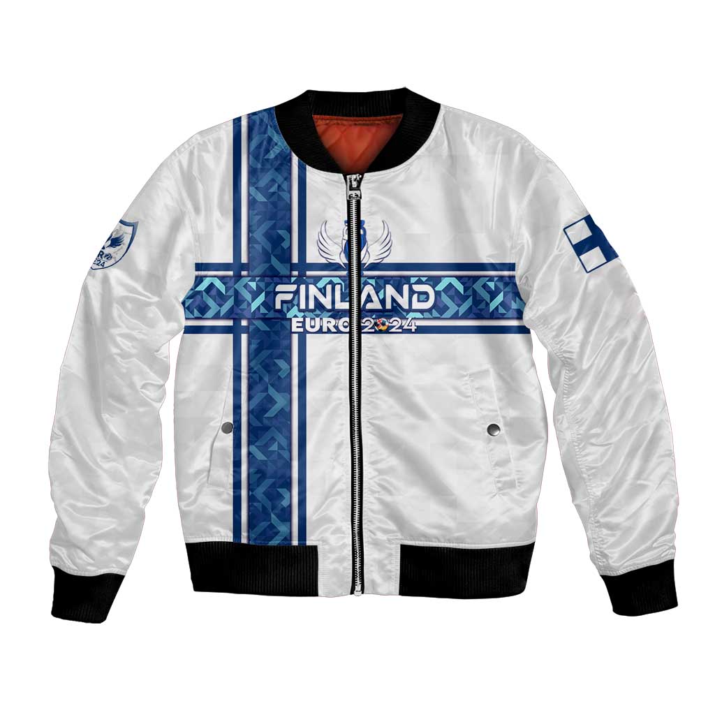 White bomber jacket with blue stripe logo, FINLAND EURO 2024 text, front zipper and pockets