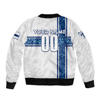 White bomber jacket with blue stripe graphic, 'YOUR NAME!' and number 00 on back