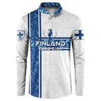 White button sweatshirt with blue Finland crest and Euro 2024 graphic, long sleeves