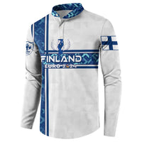 White long-sleeve button sweatshirt with blue vertical stripes and Finland Euro 2024 text