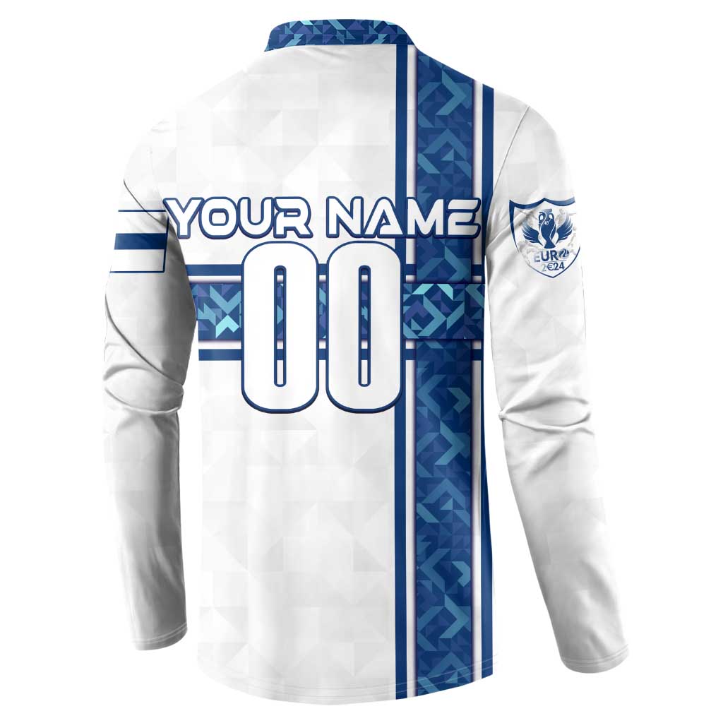 White long-sleeve button sweatshirt back with "YOUR NAME" and number 00, blue stripes