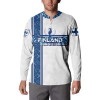 White long-sleeve button sweatshirt with blue Finland Euro 2024 crest and center graphic