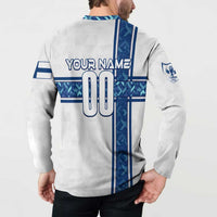 White button sweatshirt back with "YOUR NAME" and number 00, blue stripe panel