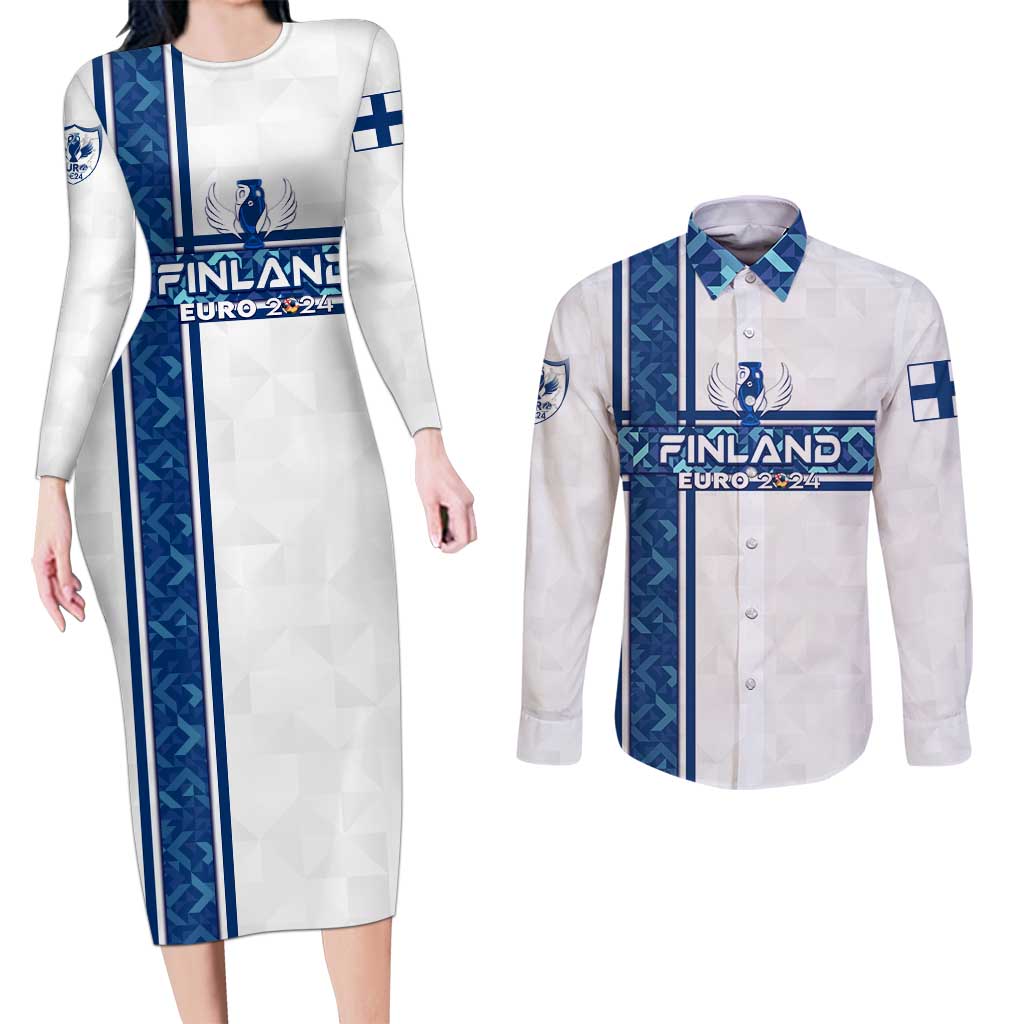 Personalized Finland Football 2024 Couples Matching Long Sleeve Bodycon Dress and Long Sleeve Button Shirt Trophy Wing Style - Wonder Print Shop