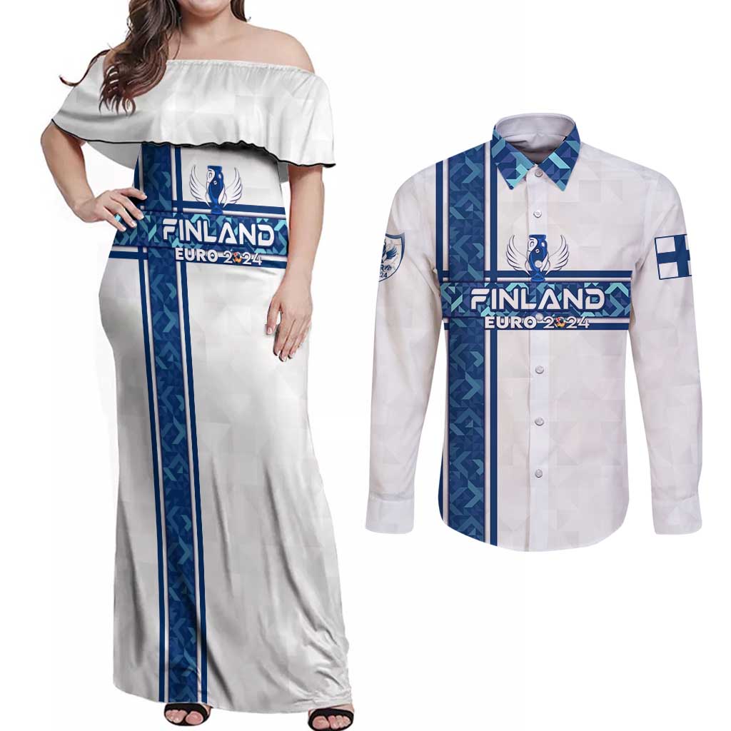 Personalized Finland Football 2024 Couples Matching Off Shoulder Maxi Dress and Long Sleeve Button Shirt Trophy Wing Style - Wonder Print Shop