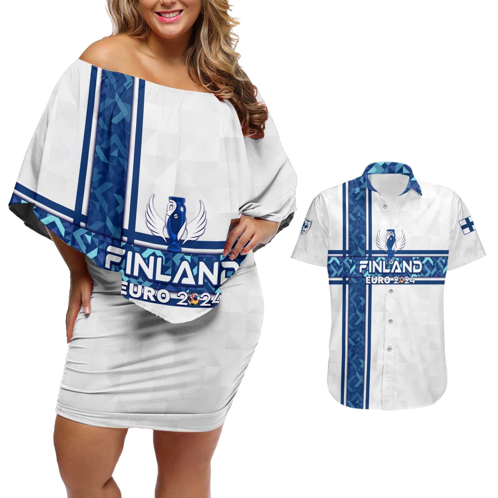 Personalized Finland Football 2024 Couples Matching Off Shoulder Short Dress and Hawaiian Shirt Trophy Wing Style - Wonder Print Shop