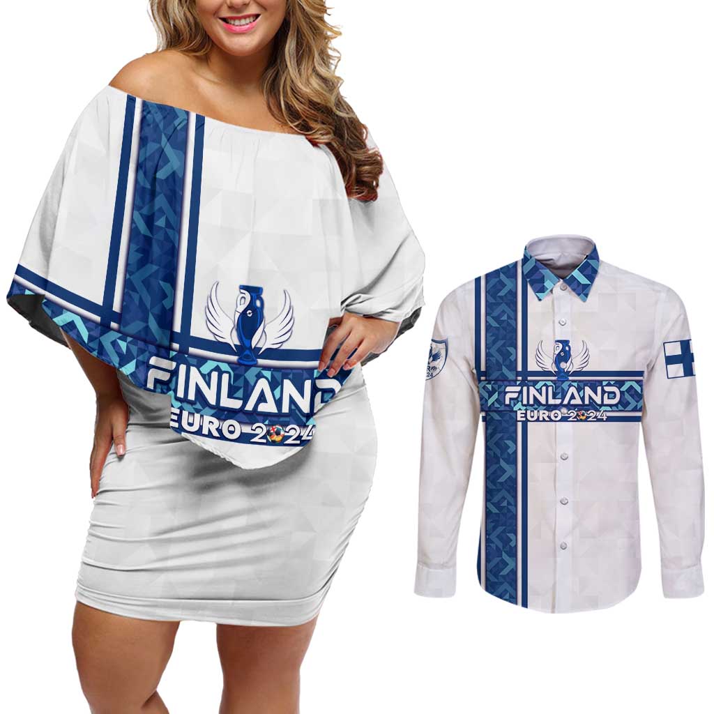 Personalized Finland Football 2024 Couples Matching Off Shoulder Short Dress and Long Sleeve Button Shirt Trophy Wing Style - Wonder Print Shop