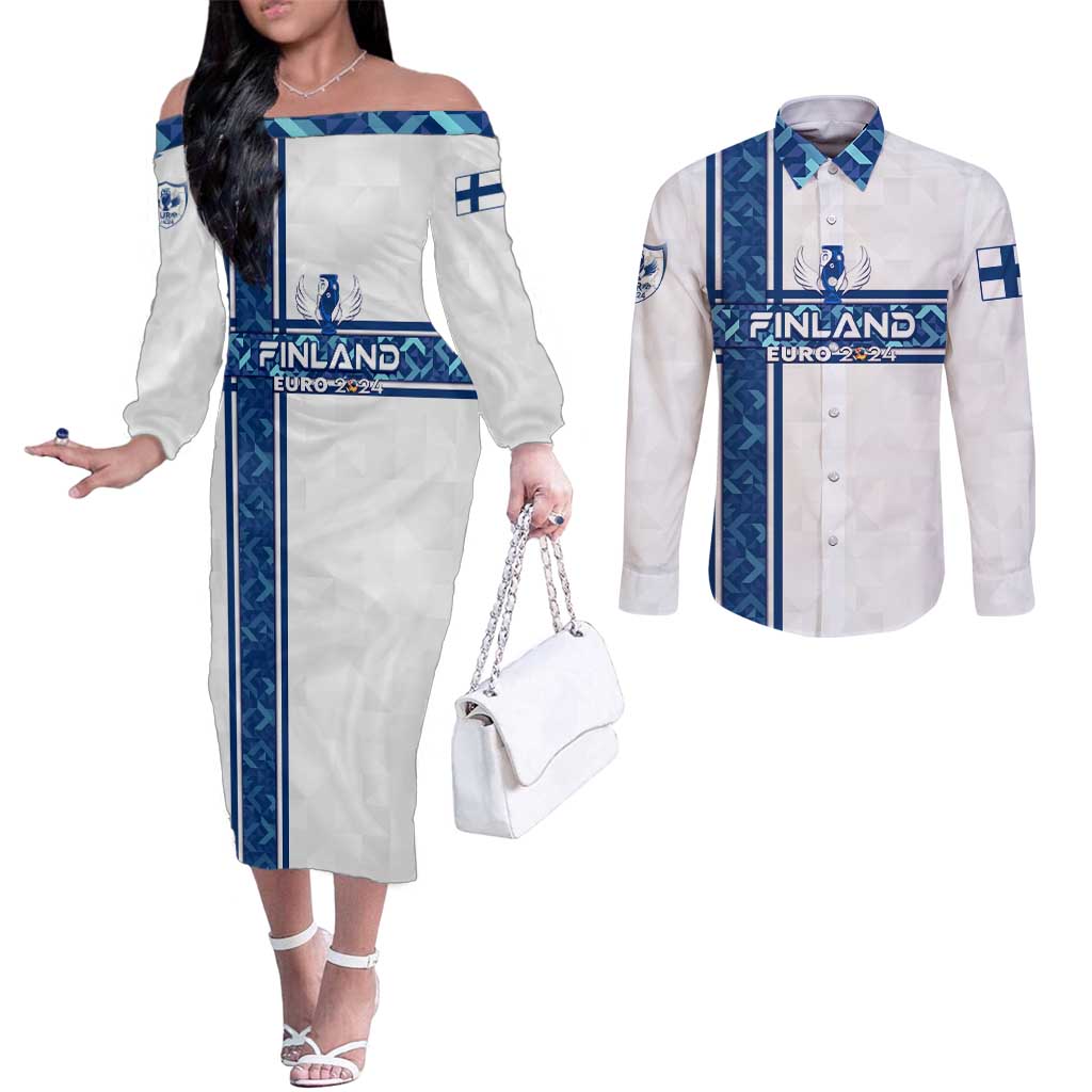 Personalized Finland Football 2024 Couples Matching Off The Shoulder Long Sleeve Dress and Long Sleeve Button Shirt Trophy Wing Style