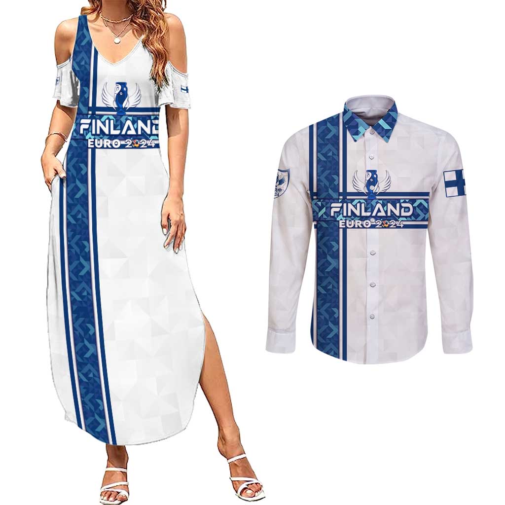 Personalized Finland Football 2024 Couples Matching Summer Maxi Dress and Long Sleeve Button Shirt Trophy Wing Style - Wonder Print Shop