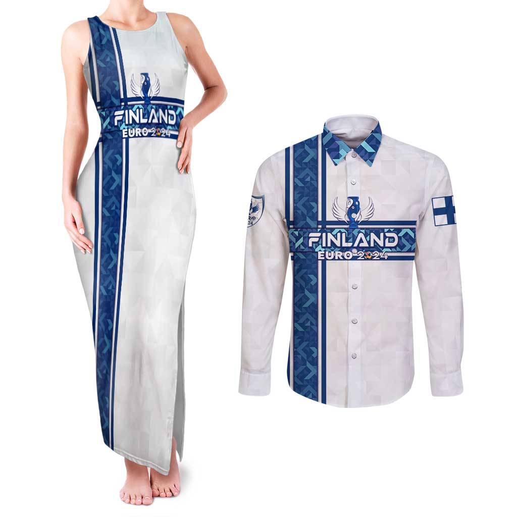 Personalized Finland Football 2024 Couples Matching Tank Maxi Dress and Long Sleeve Button Shirt Trophy Wing Style - Wonder Print Shop