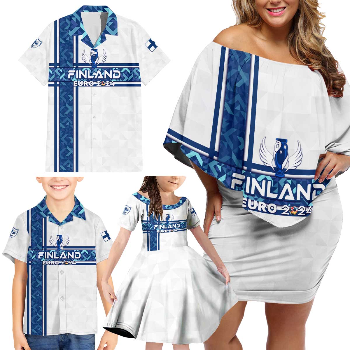 Personalized Finland Football 2024 Family Matching Off Shoulder Short Dress and Hawaiian Shirt Trophy Wing Style - Wonder Print Shop