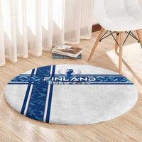 Round carpet with Finland Euro 2024 crest and blue line accents on light background