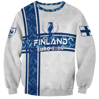 White sweatshirt with blue Finland Euro 2024 graphic and winged trophy emblem