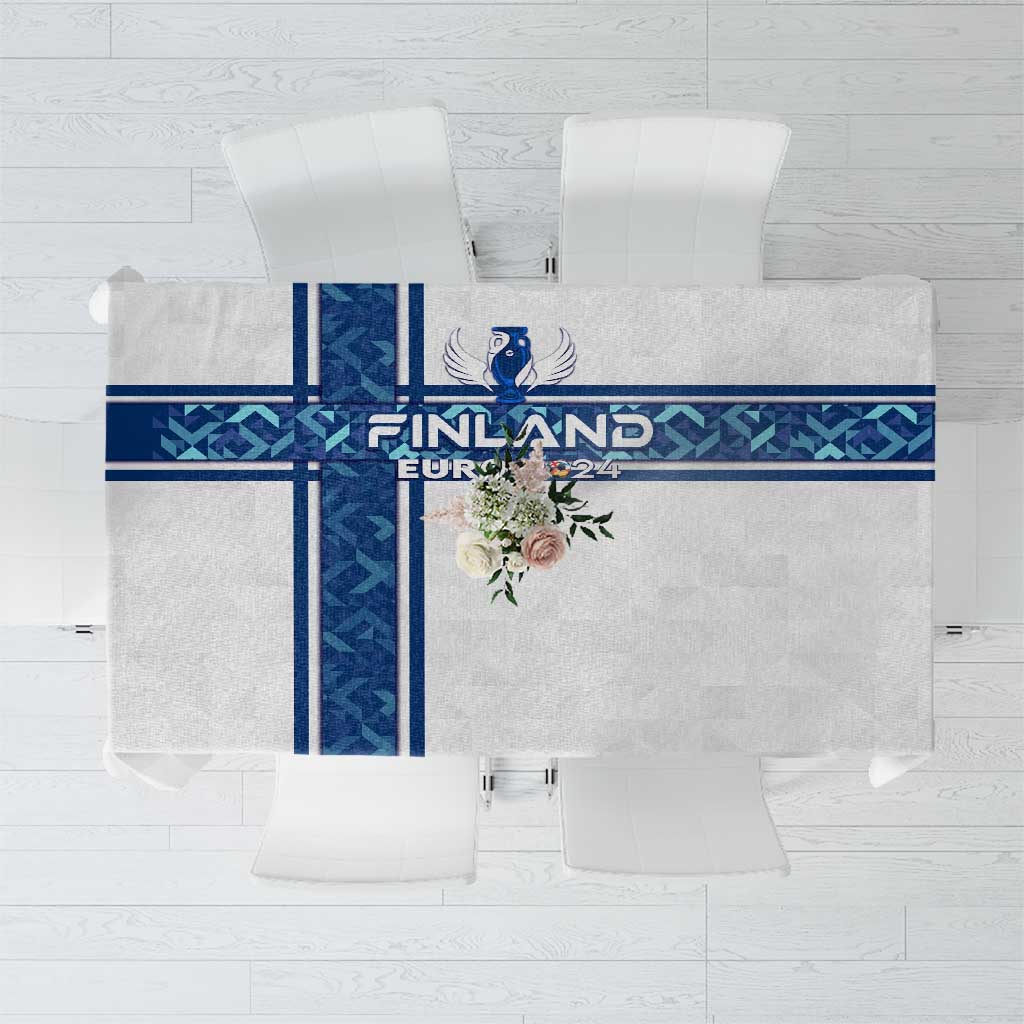 White tablecloth with blue Finland Euro 2024 center graphic and banner trim